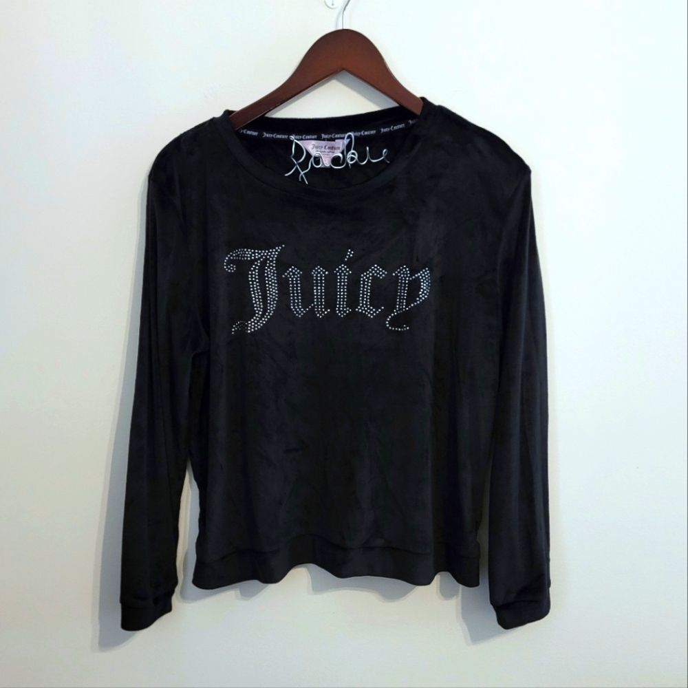 Juicy Couture Sleepwear Black Velour Rhinestone Long Sleeve Shirt Y2K Size Large